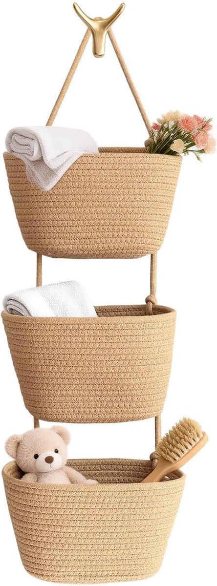 Wandmand met 3 etages, katoenen touw, geweven opbergorganizer met jute-design, voor slaapkamer, badkamer, keuken en - ShopVlot