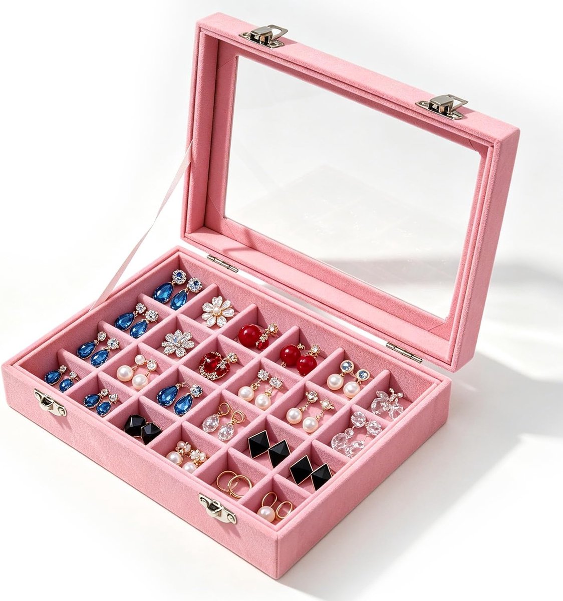 Ringorganizer, sieradendoos, roze fluweel, 24 vakken, ringdienblad met transparant glazen deksel, schattig design - ShopVlot
