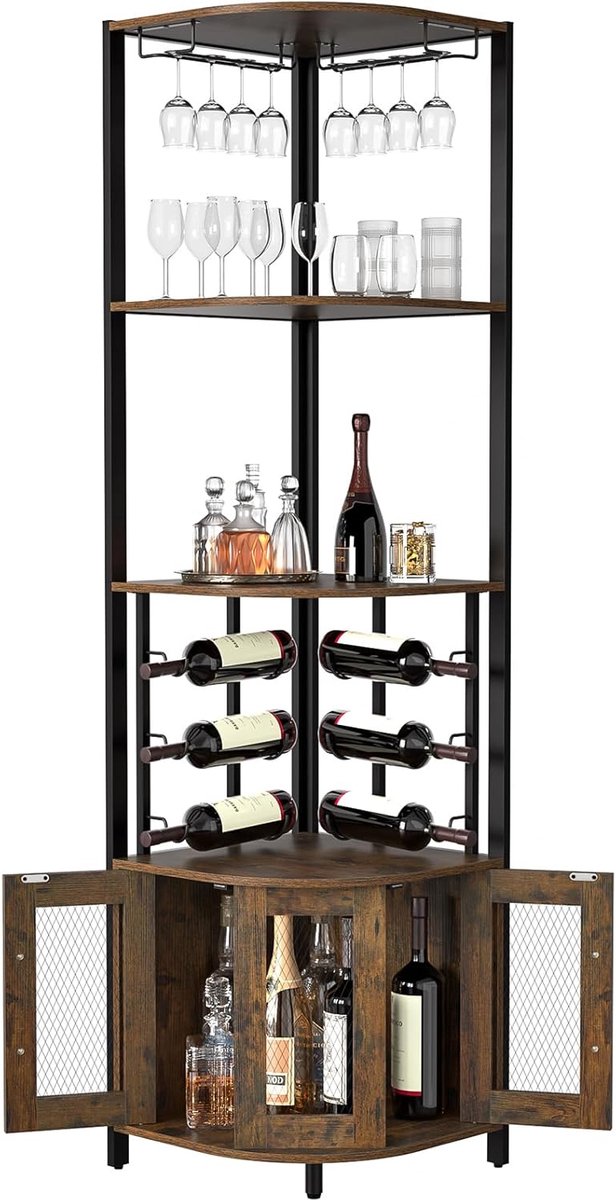 Corner Bar Cabinet with Glass Holder, 4 Tier Beverage Wine Cabinet with Metal Mesh Doors, Buffet Cabinet Wine Rack - ShopVlot
