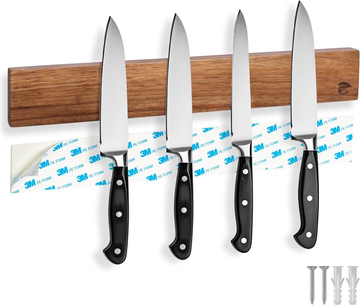 Magnetische Messenhouder 40 cm - Acaciahouten Messenstrip voor Keukenmessen en Gereedschap - Zelfklevend of Schroefmontage - Ruimtebesparende Wandhouder voor Keuken en Werkplaats
