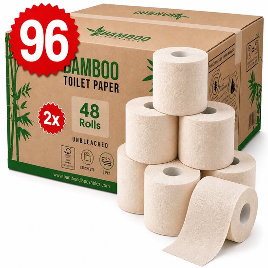 Verpakking met 96 rollen ongebleekt, 3-laags bamboe toiletpapier. Elke rol heeft 250 vellen.