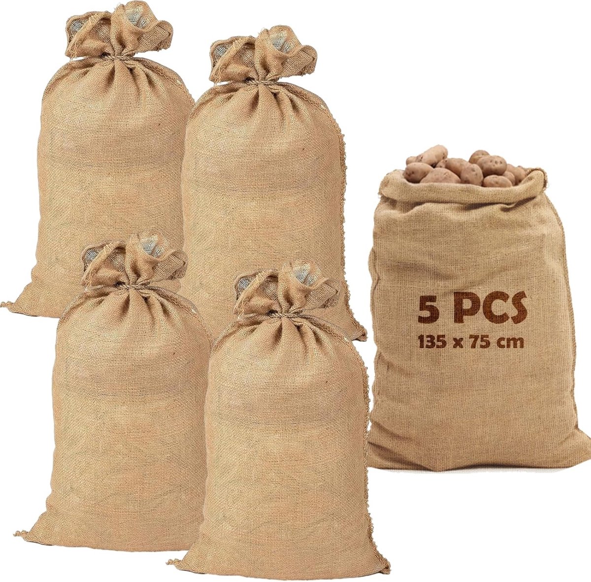 5 stuks jute zakken, groot, 135 x 75 cm jutezakken, 80 kg draagvermogen, aardappelzak, jute zakken voor planten - ShopVlot