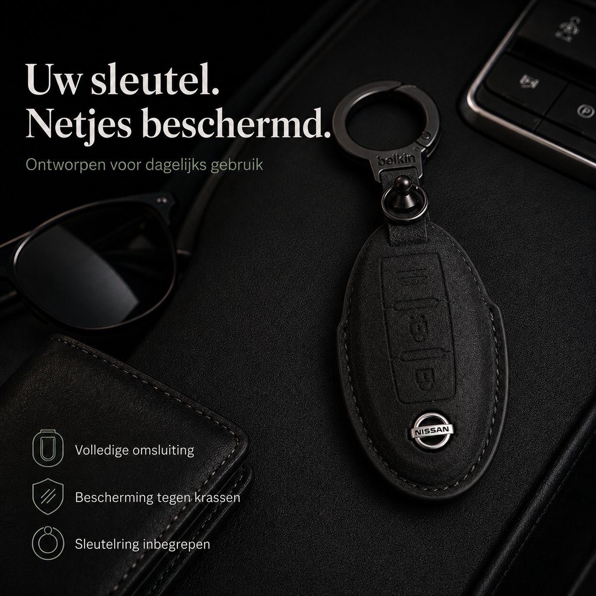 Zirkle Nissan Motor Corporation Autosleutel Hoesje Type C Zwart – Luxe Leren Sleutelcover met Ring en Sleutelhanger – Beschermhoes voor Nissan Juke Qashqai Micra X-Trail Note – Krasbestendige 3D Key Case – Premium Auto Sleutel Accessoire