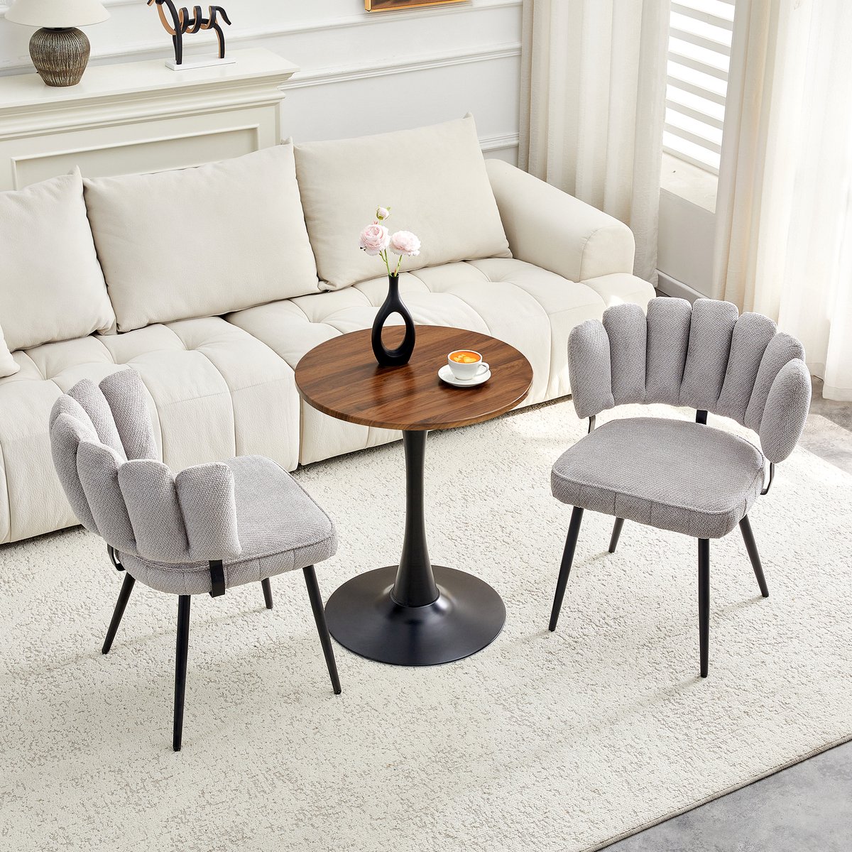 COVREO Eettafel set 60 cm, lichtgrijs en walnoot, hout en metaal, 2 stoelen