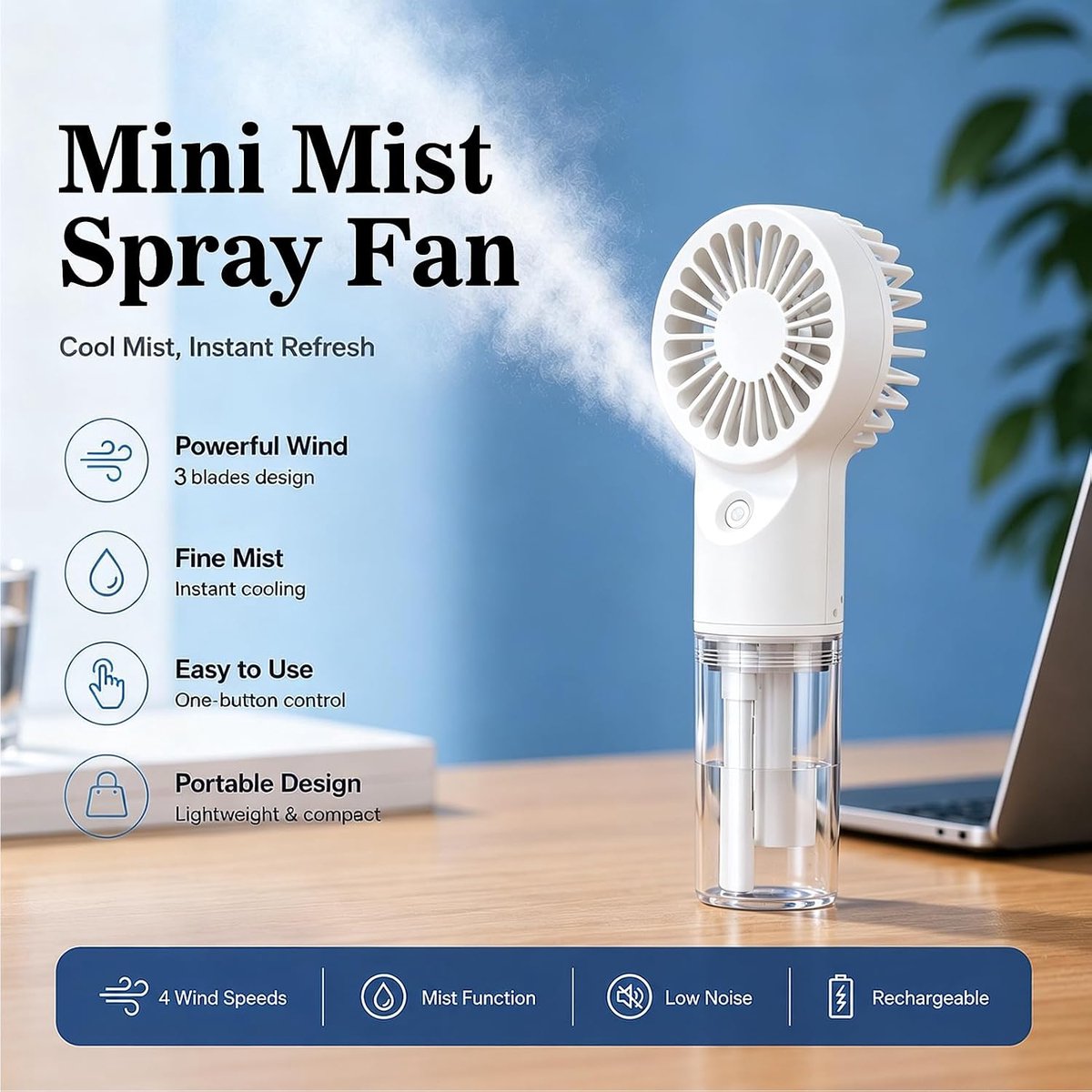 Draagbare mini-ventilator met verstuiver - 20 ml reservoir - 4 snelheden - voor directe verkoeling - ShopVlot