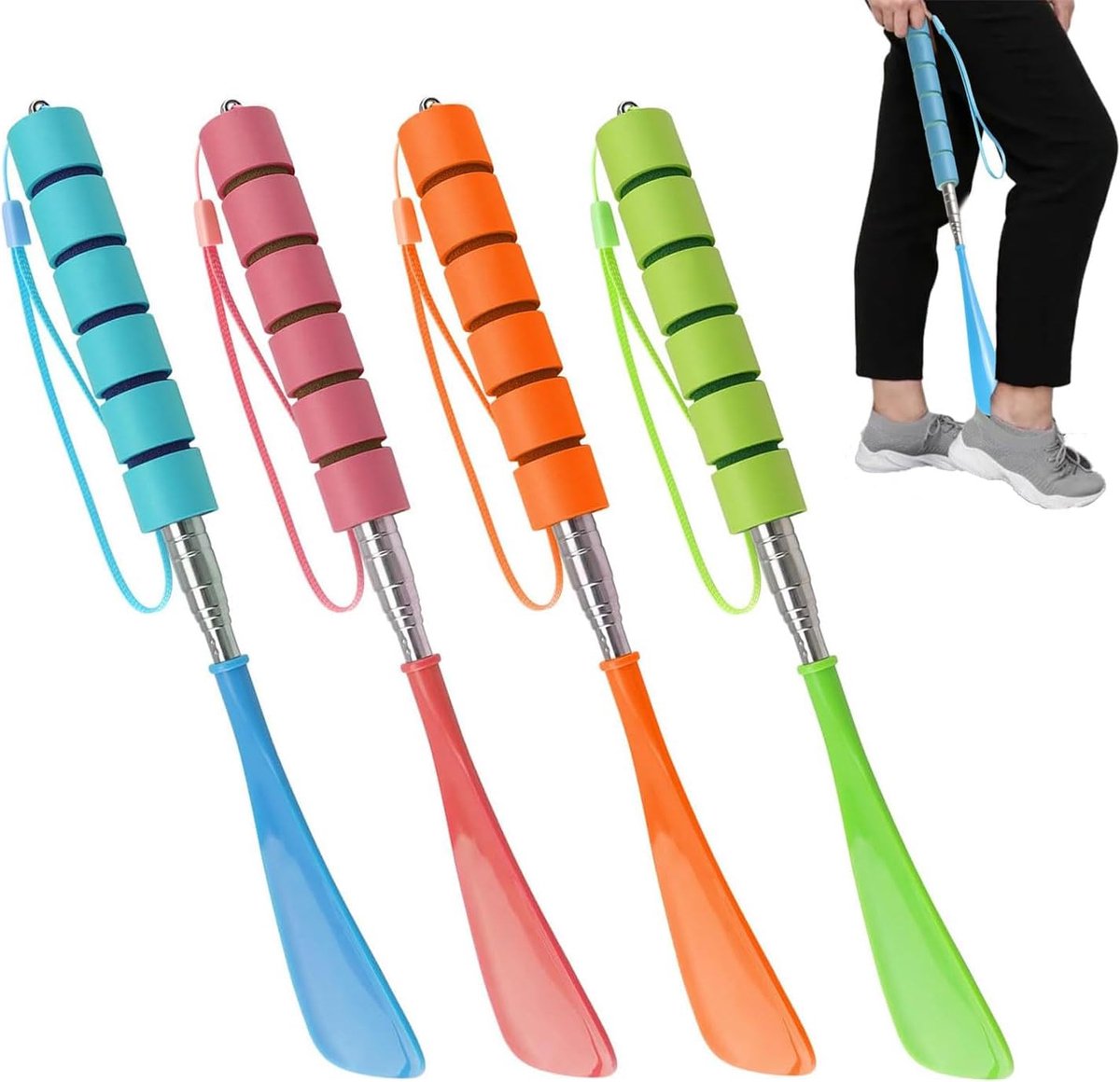 4 pieces shoehorn, telescopic shoehorn, retractable shoehorn, 4 colors, long plastic shoehorn, 29-70cm, long shoe with - ShopVlot