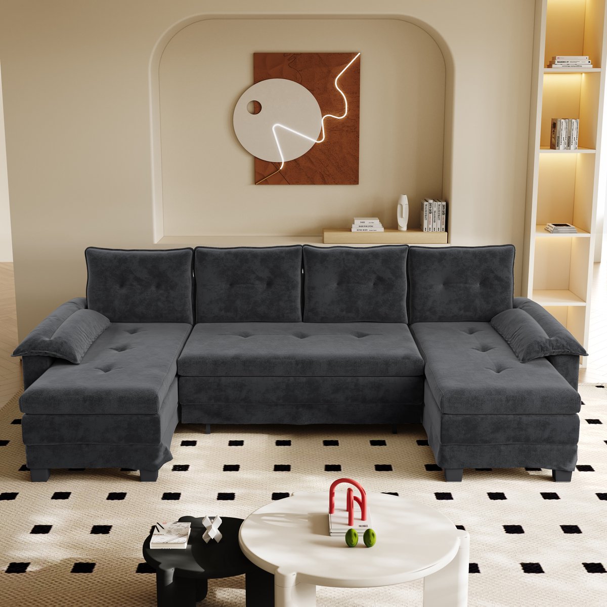 DESMIU U-Bank 278 Cm - Uitschuifbaar Slaapbed Met USB Oplaadfunctie En Afneembare Armleuningen - Voor Woonkamer En Kantoor - Chenille - Grijs