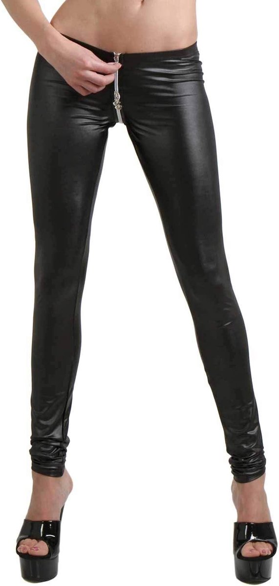MISS NOIR Wetlook Women's Sexy Leggings S-3XL Low Waist 4-Way Zip Clubwear Party Trousers - ShopVlot