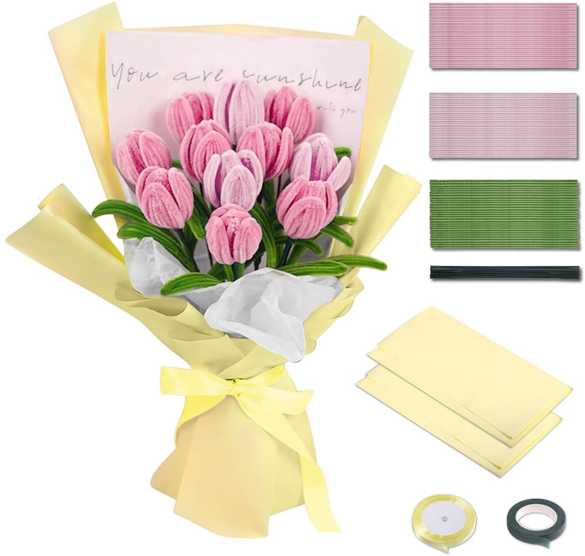 Pijpchen set voor tulpenboeket - 320 stuks roze - inclusief groene draad en tape - ideaal voor bloemcreaties - ShopVlot