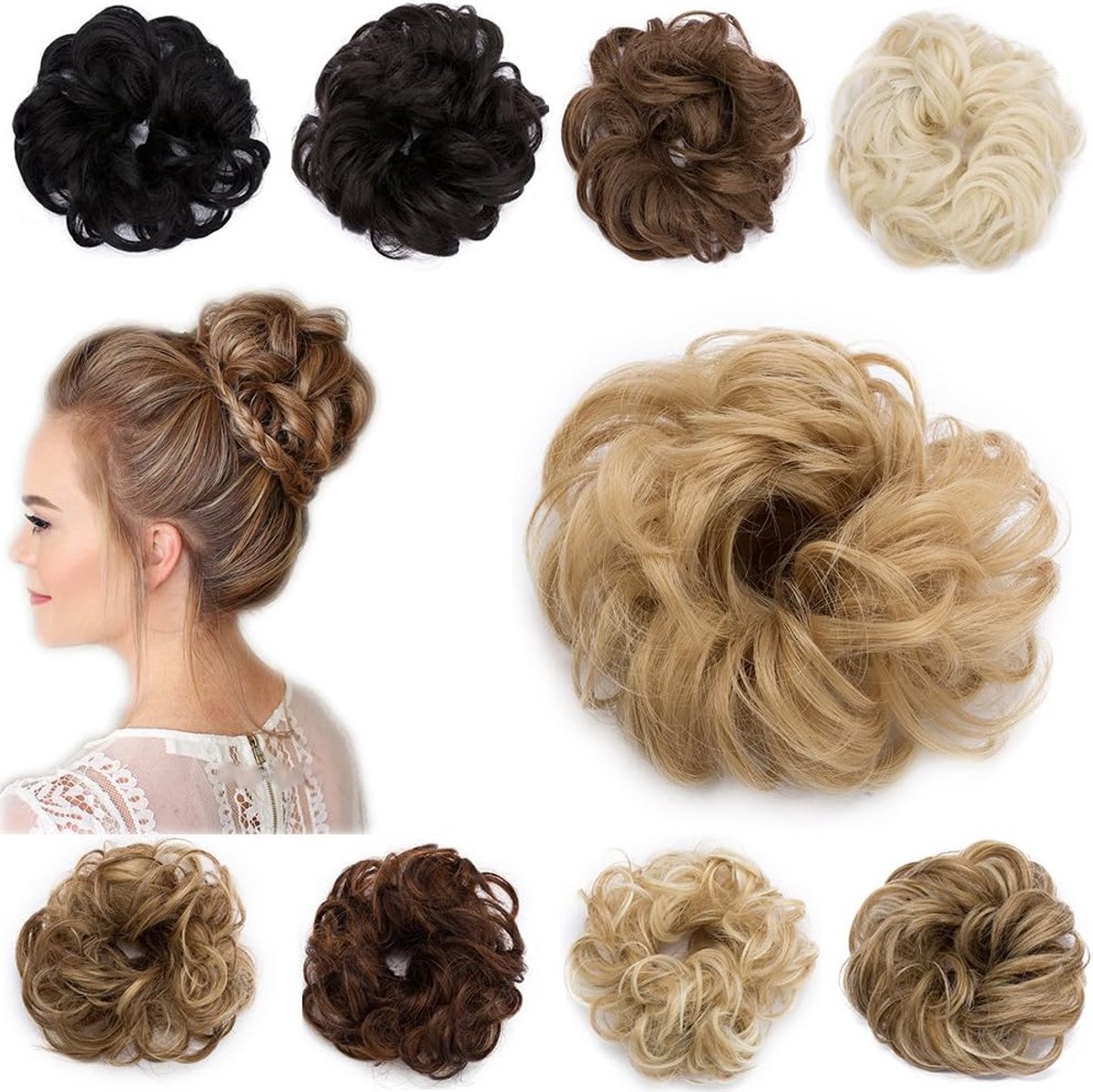 Haarelastiek haarstuk voor bun/staart - golvend messy bun - eenvoudig in gebruik - ShopVlot