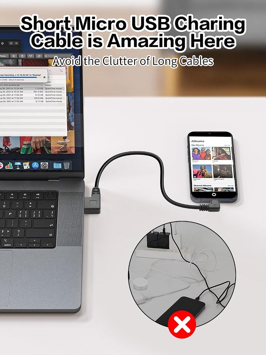 Micro USB kabel 22 cm - rechter en linker haakse connector - ideaal voor beperkte ruimtes - ShopVlot