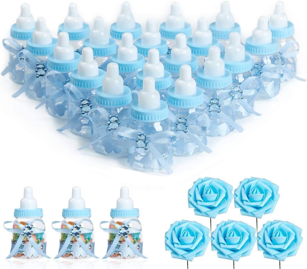 Mini babyflesjes 3,5 inch - Transparant - Inclusief 5 kunstbloemen - Perfect voor DIY candyboxen - ShopVlot