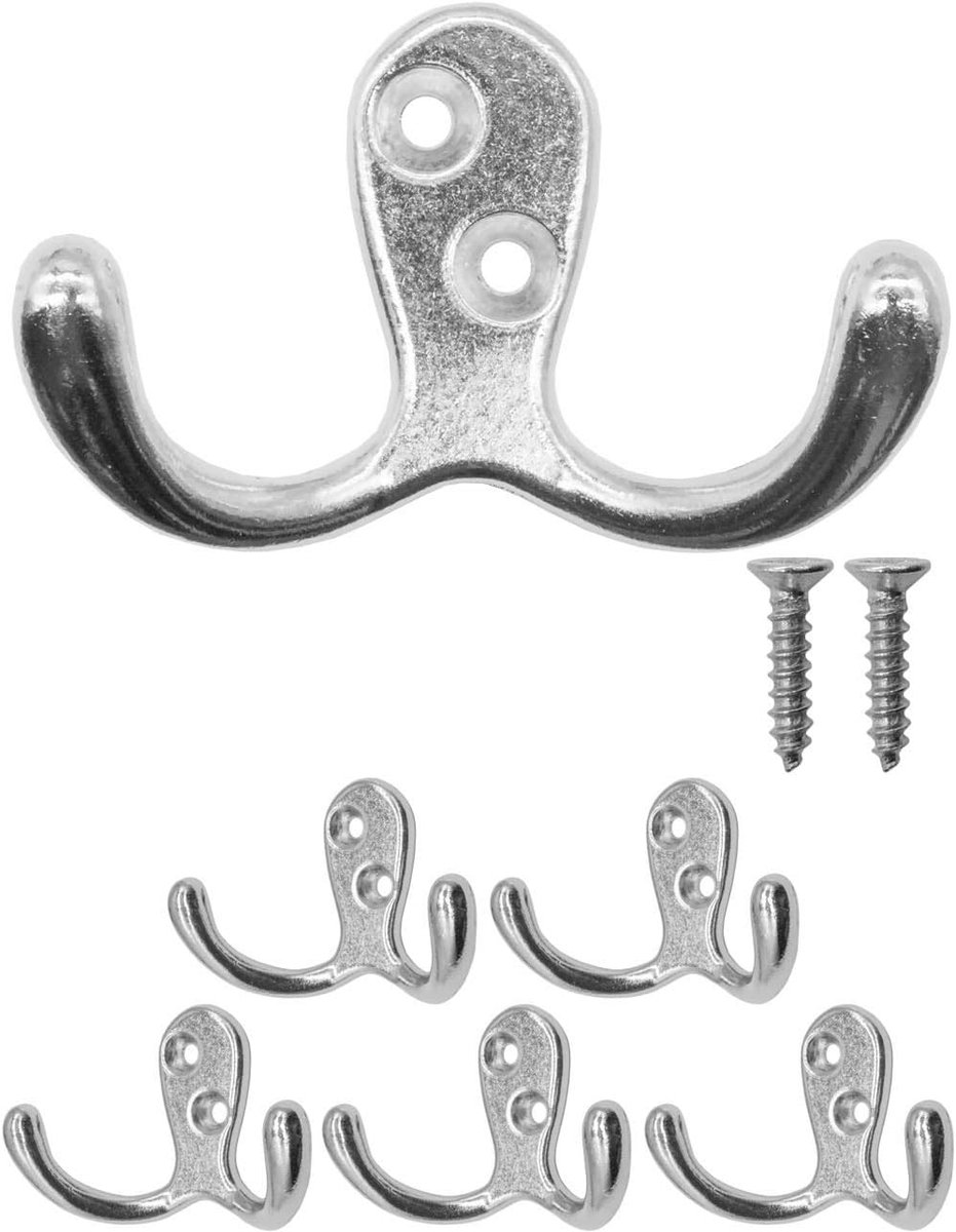 Dubbele haken set van 5 - chroom - antiek design - ideaal voor kleding en handdoeken - ShopVlot