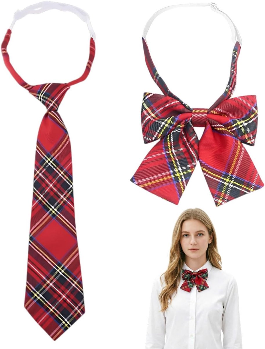 Set van Tartan Krawatten en Vliegen in Rood voor Dames en Heren, Perfect voor Feestjes en Kostuums