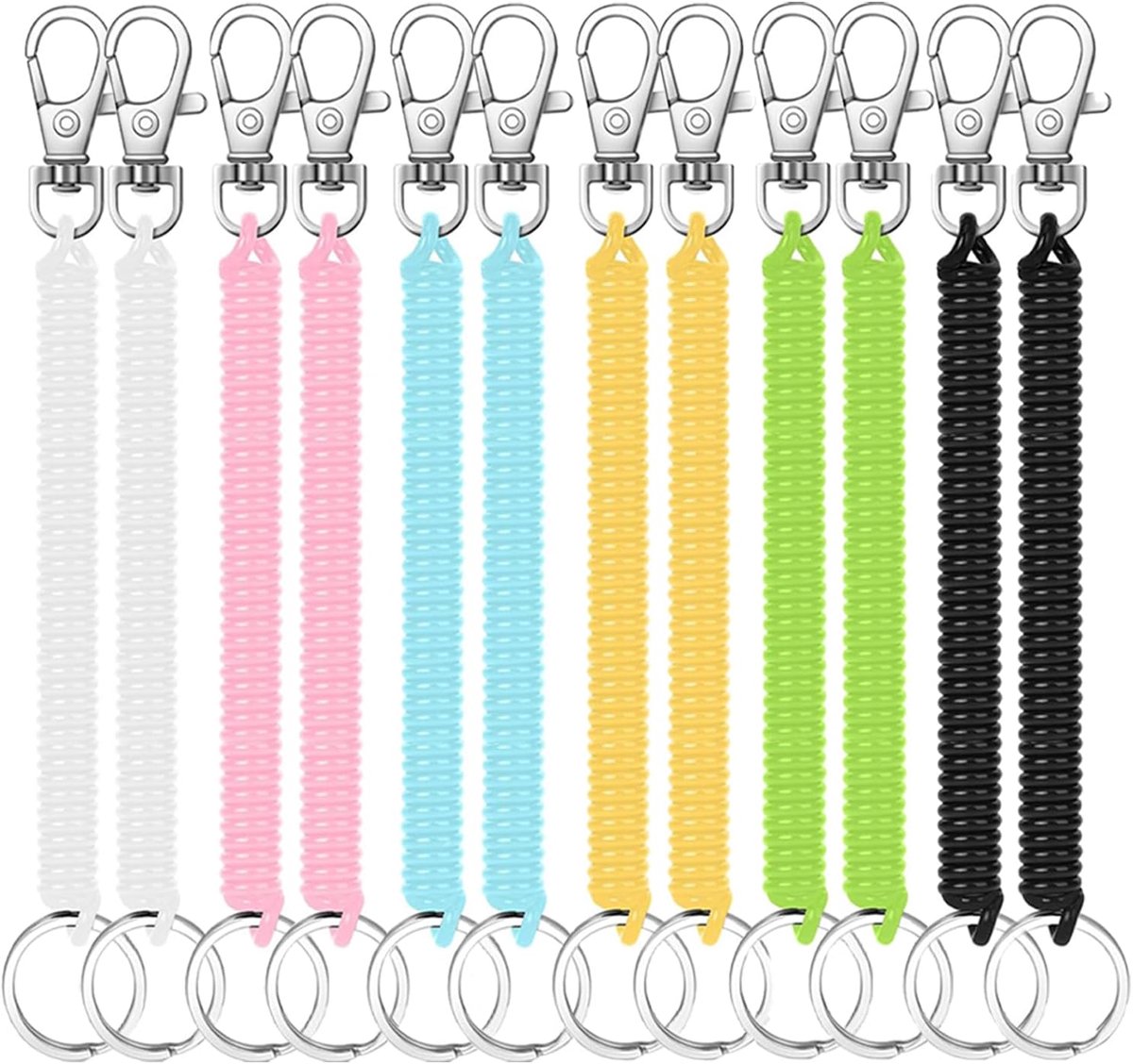 Stretch spiralen sleutelhanger 12 stuks - kleurrijk plastic - met karabijnhaak - ideaal voor school en werk - ShopVlot