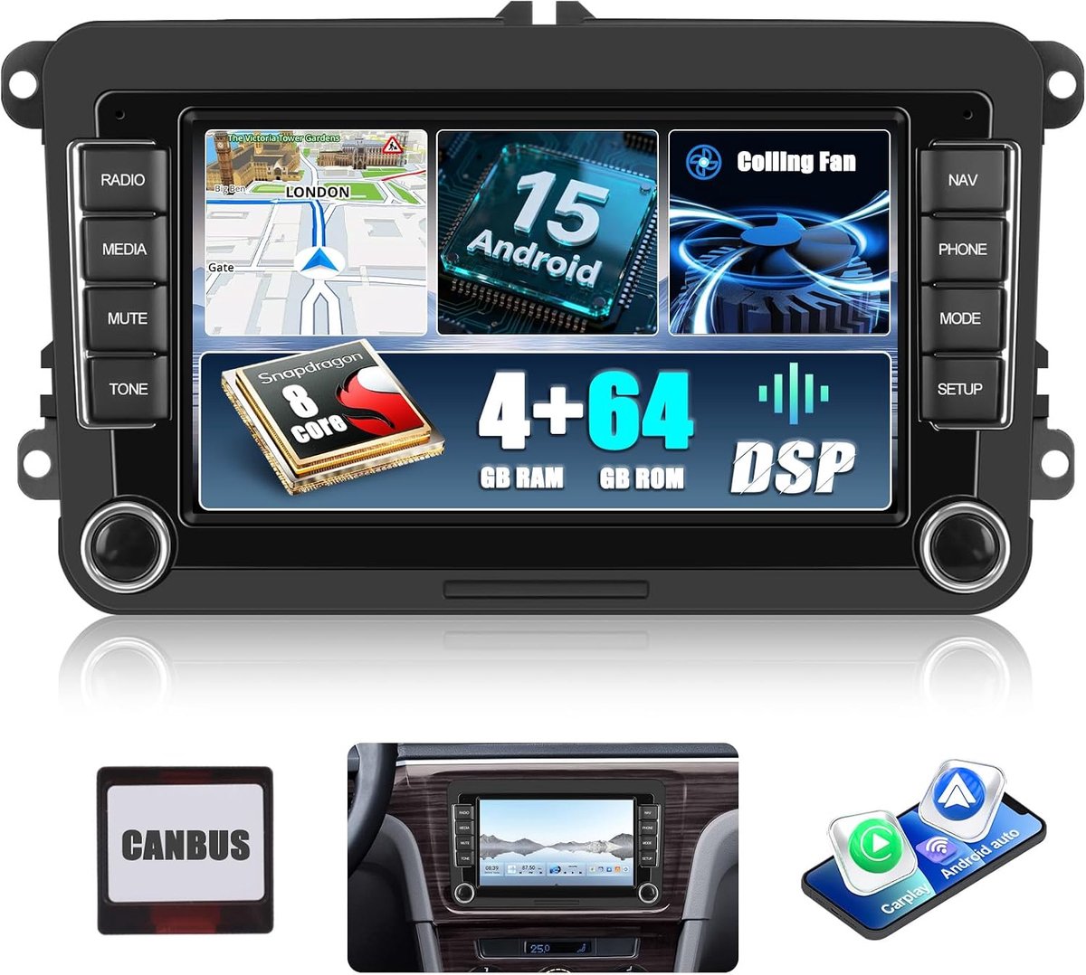 Auto Radio met 7 Inch HD Touch Screen - 4+64G Android 15 - CarPlay/Android Auto - GPS en Bluetooth 5.1 - ShopVlot