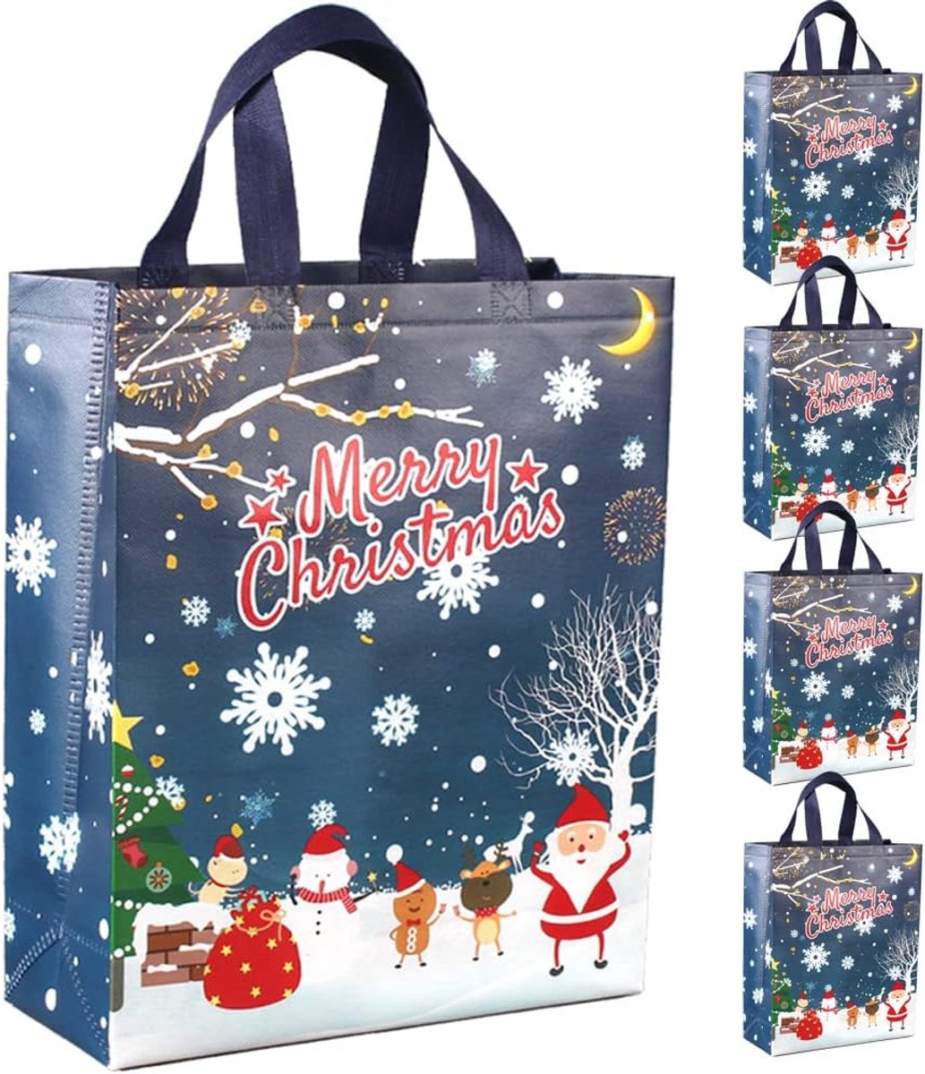 Kerstzakjes 5 stuks - grote cadeauzakjes blauw - vliesstof - perfect voor kerstcadeaus - ShopVlot