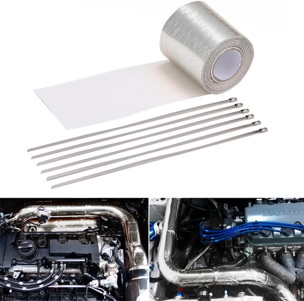 Uitlaatband 5m x 5cm - hittebestendig tot 450°C - zelfklevend met 6 kabelbinders - ideaal voor auto en motor - ShopVlot