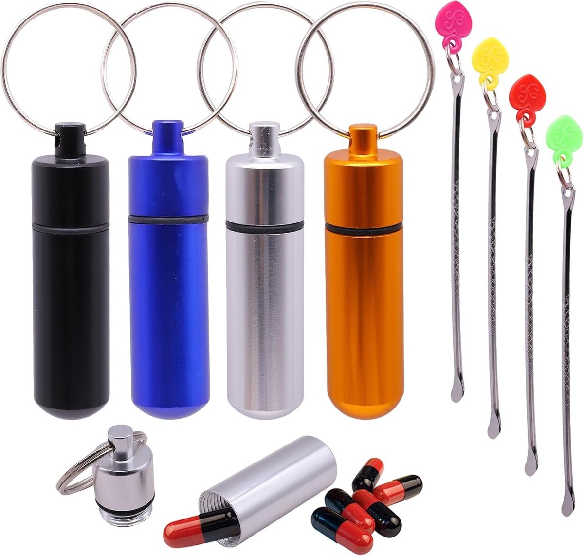 Draagbare aluminium pillendozen met lepel - Waterdichte containers voor dagelijks gebruik, camping en buitenactiviteiten - Set van 4 mini-pillendozen