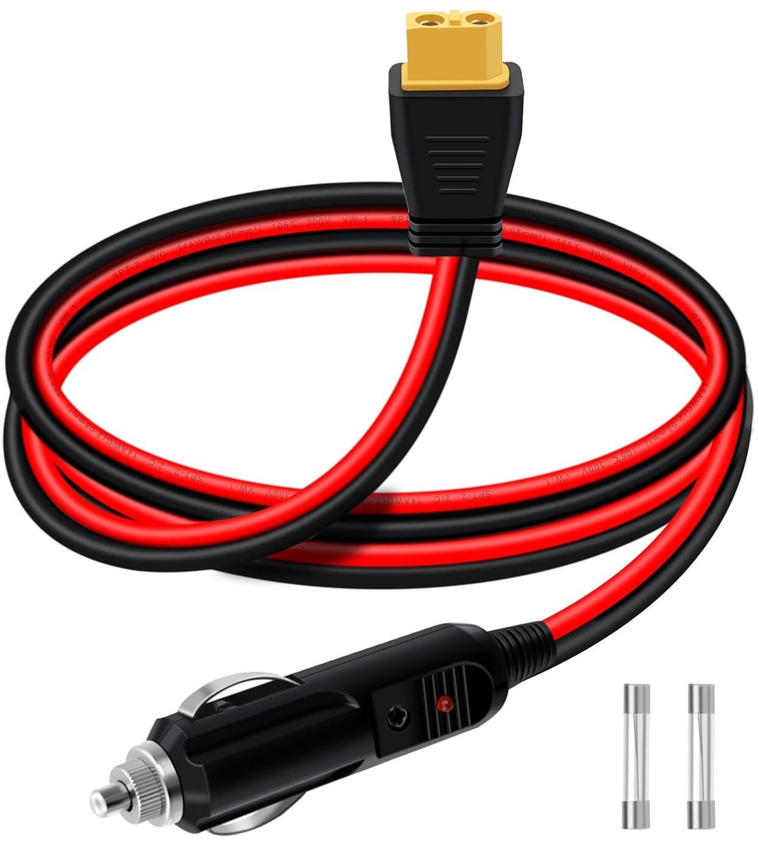 Cigarettenplug naar XT60 kabel 2 m - 12 V/24 V - 14 AWG - met LED indicator en 2 extra zekeringen - ShopVlot
