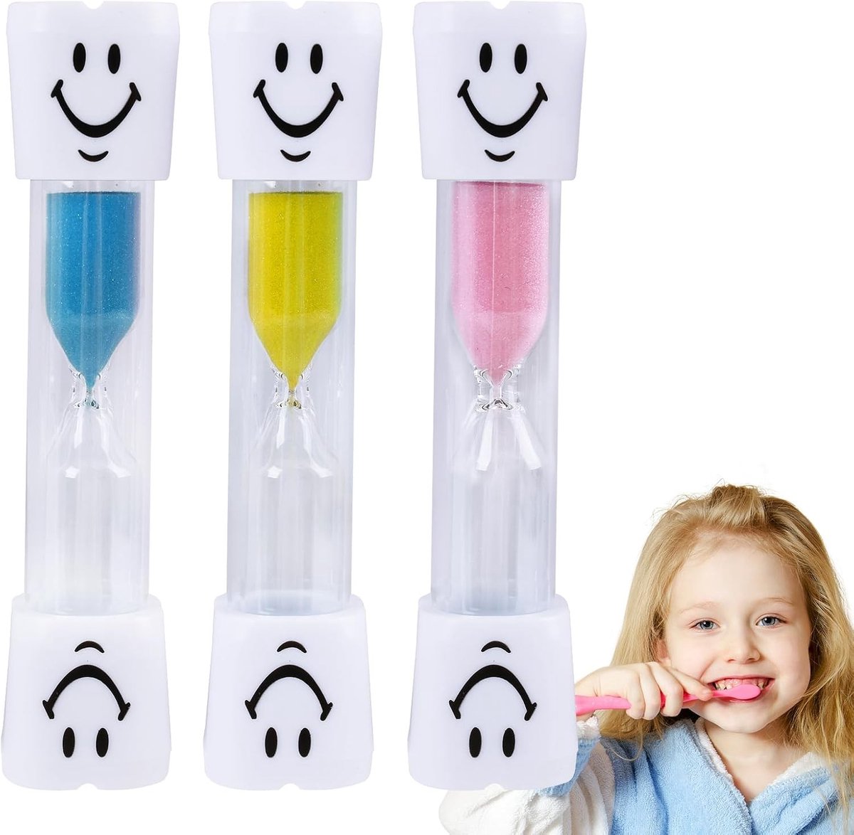 Set van 3 kleurrijke zandlopers voor kinderen, schokbestendig en waterdicht, ideaal voor tandenpoetsen, stimuleert zelfdiscipline en gezonde gewoonten