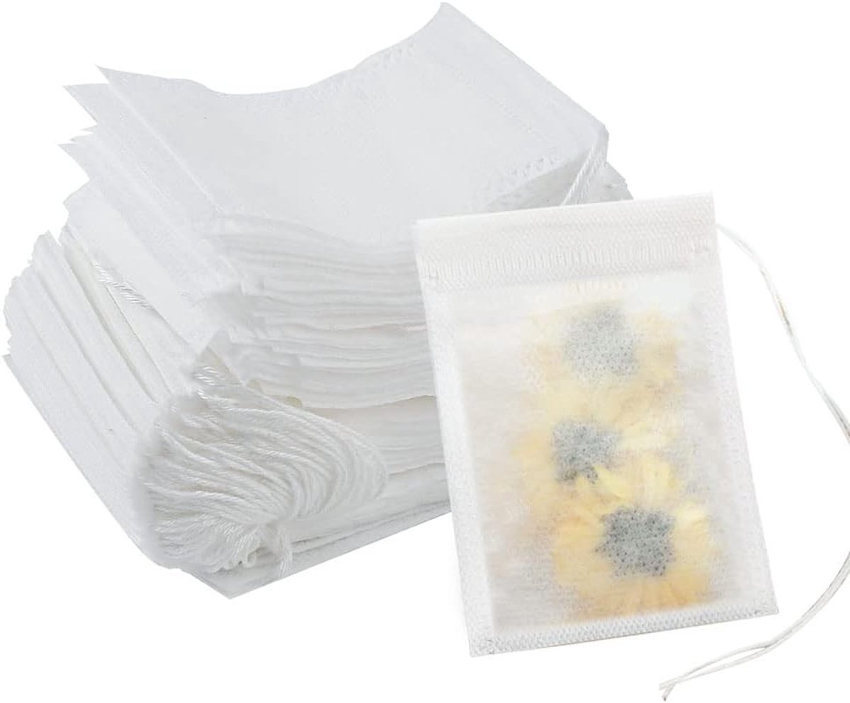 Thee- en Specerijfilterzakjes - Wit - 9 x 7 cm - Voedselveilige Vliesstof met Trekkoord - Voor Thee, Specerijen en Koffie