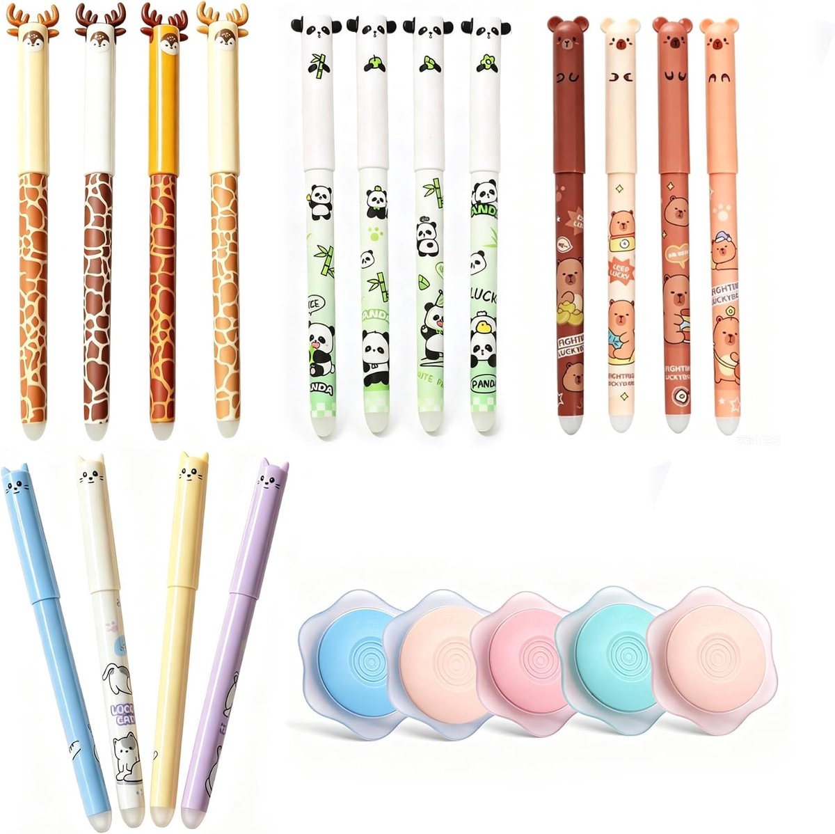 Uitwisbare balpen 0,5 mm - 4 diermotieven - met 5 gummen - ideaal voor school en kantoor - ShopVlot
