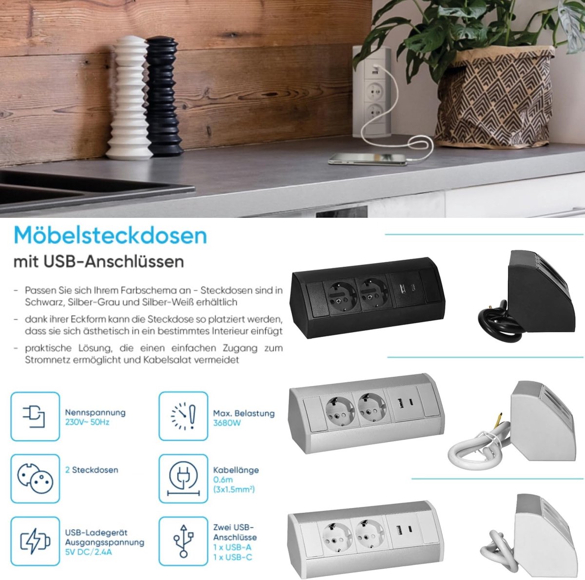 2-gang aluminium power strip, USB-A USB-C I, grey - ShopVlot