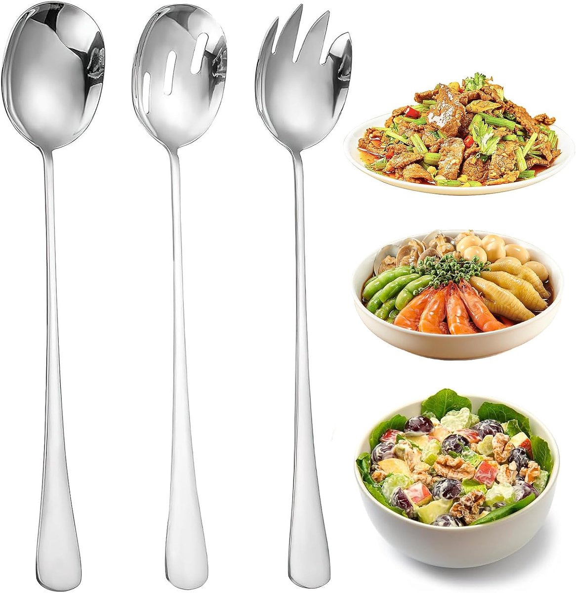 Premium Stainless Steel Serving Spoon Set, 3 Piece Salad Rack with Spoon, Spoon and Fork, Reinforced 410 Stainless - ShopVlot
