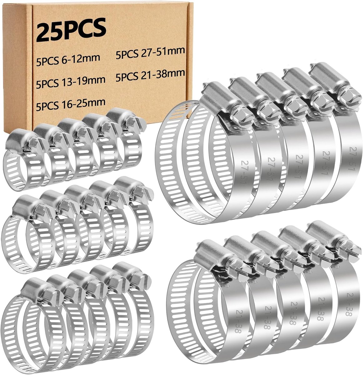 25 Pieces Hose Clamps, Stainless Steel Clamps 5 Sizes 6-51mm Adjustable Hose Clamps,for Water Pipe, Automotive Tube - ShopVlot