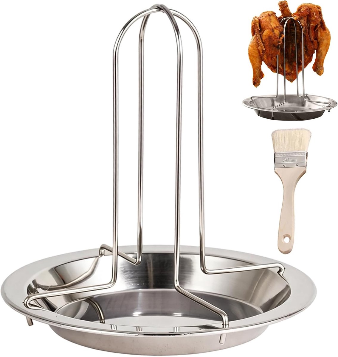 Kippenbrader - Roestvrij Staal - 16,5 x 16,5 x 17 cm - Kippengrill met Olieborstel en Lekbak - Voor Barbecue en Oven