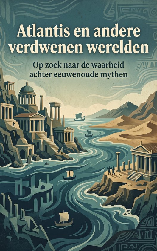 Boekcover 'Atlantis en andere verdwenen werelden', met de ondertitel 'Op zoek naar de waarheid achter eeuwenoude mythen', artistieke weergave van een oude stad aan zee.