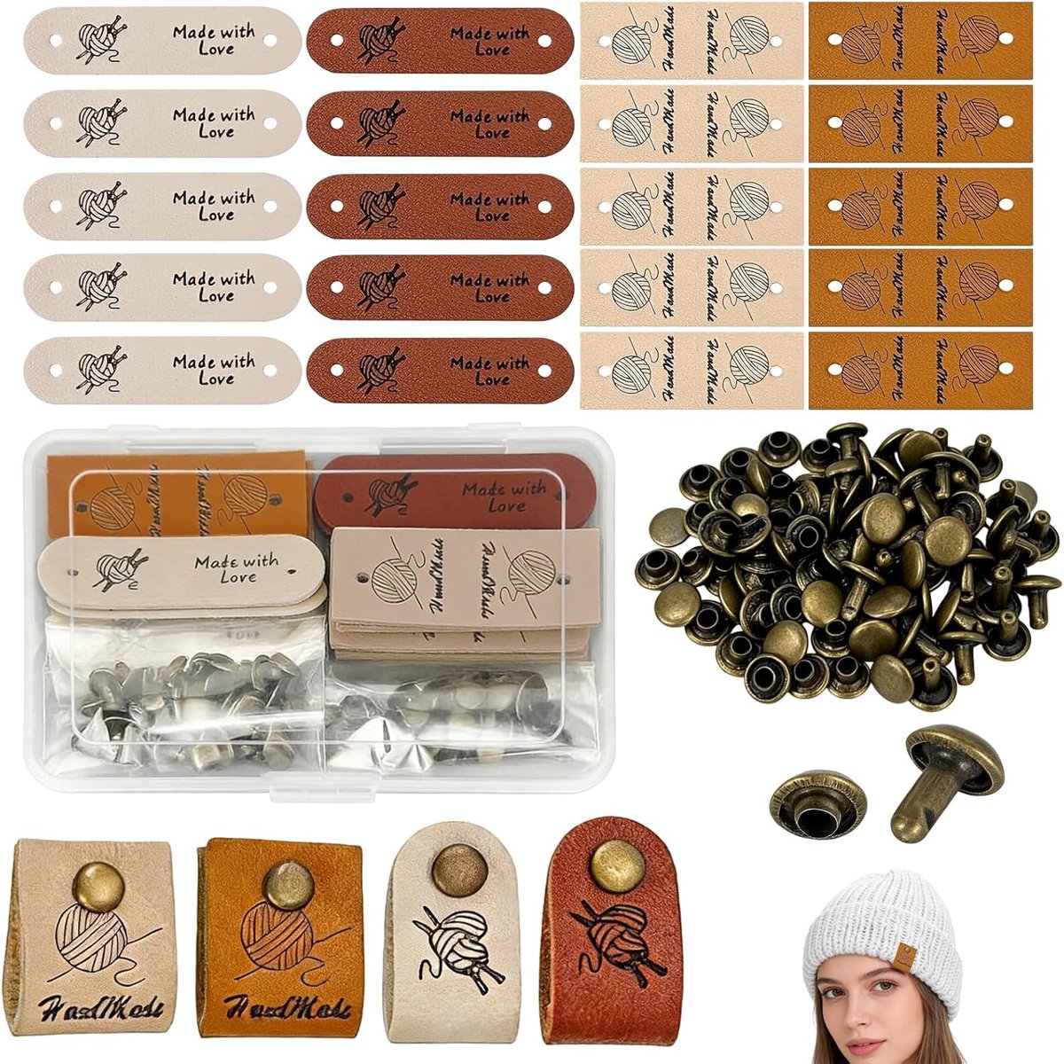 Pack of 20 Handmade PU Labels, Colourful Sewing and Crochet Labels with Holes and Rivets, Personalized DIY Labels for - ShopVlot