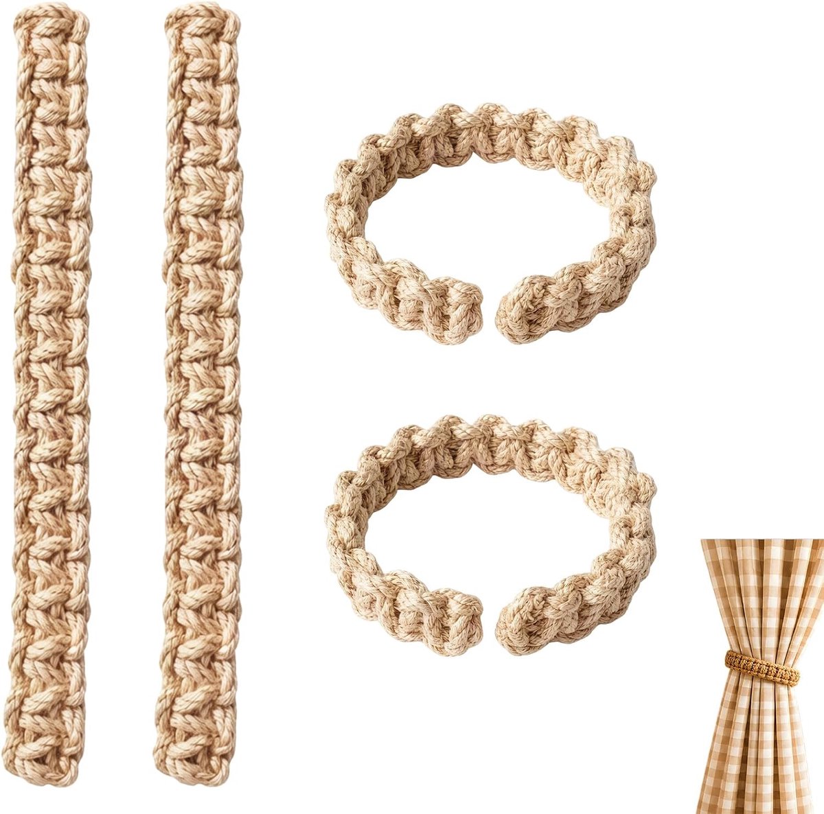 4 stuks Boho gordijnhouders, gevlochten gordijnhouders voor het binden van gordijnen, decoratie voor woonkamer en - ShopVlot