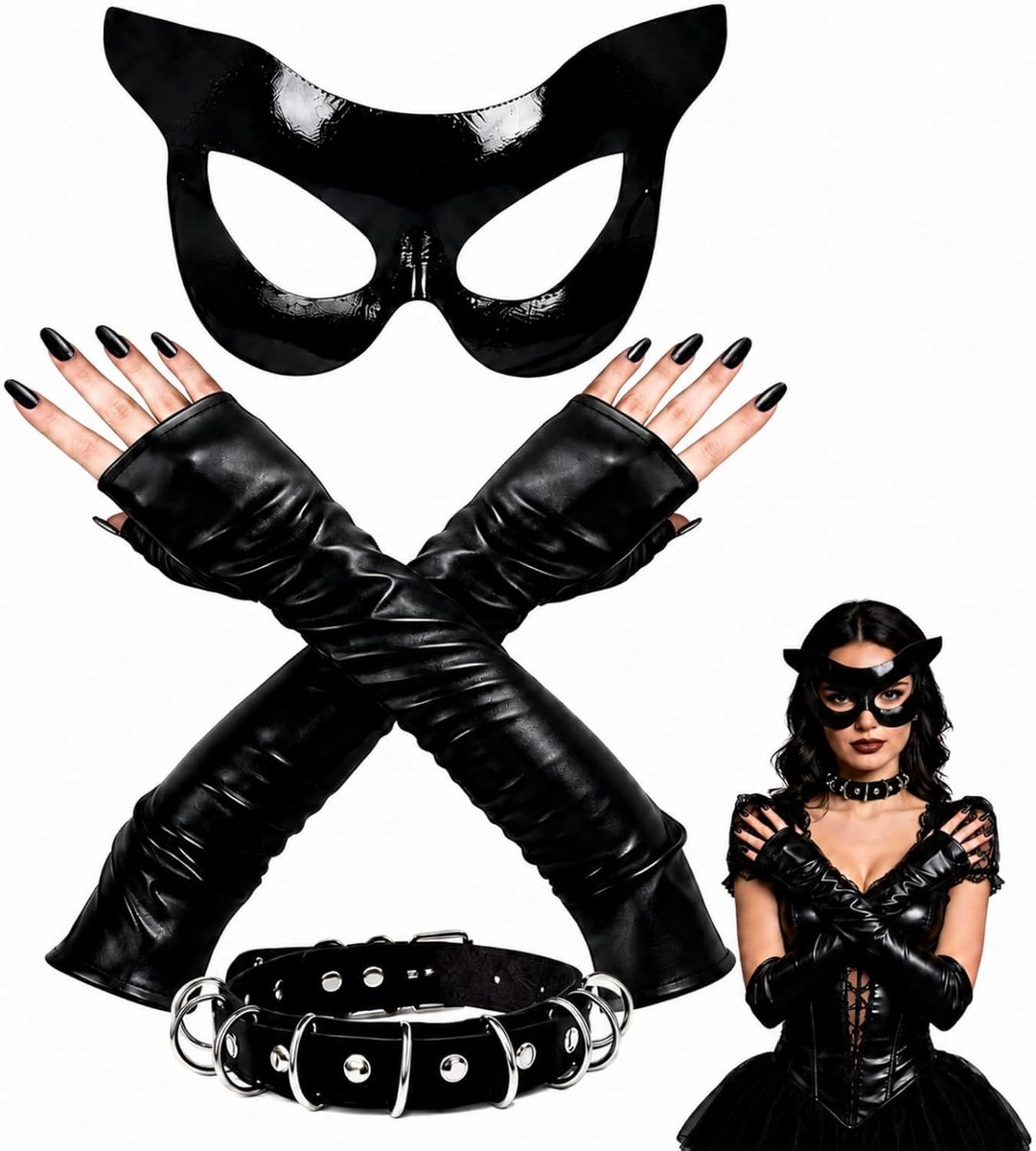 Cat Woman Dameskostuum, 3-delig, met masker, handschoenen en halsband - ShopVlot