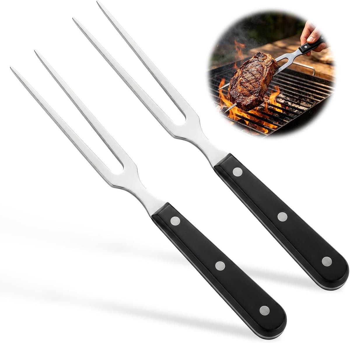 2 stuks grillvorken van roestvrij staal met houten handvat, 28 cm, vleesvork, vleesspies, vork voor BBQ, koken en - ShopVlot