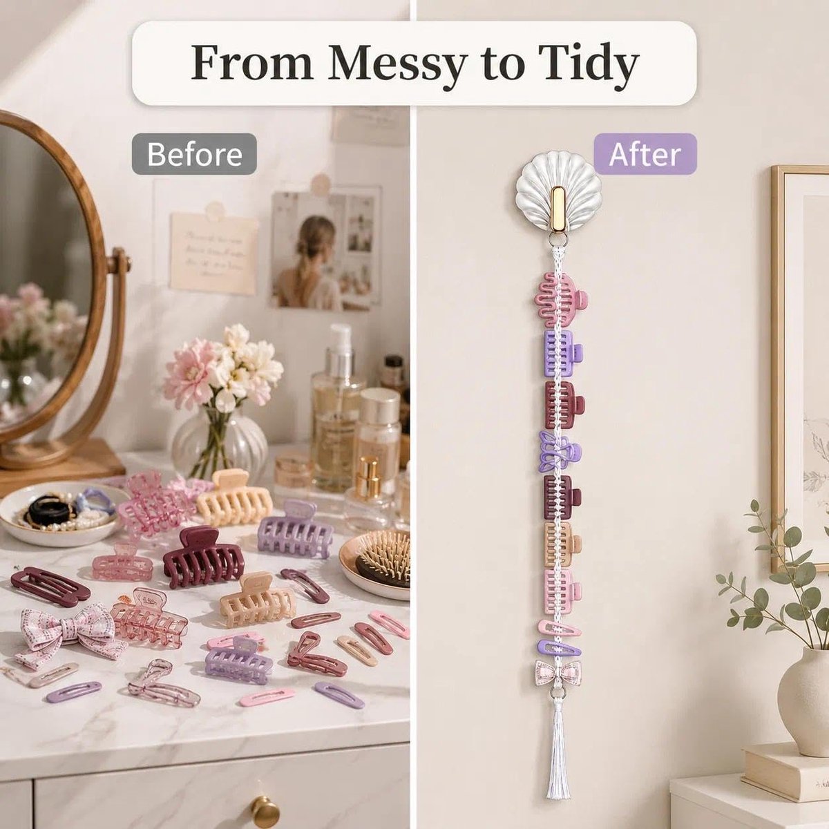 Schelp sieradenorganizer om op te hangen, haarspeldenorganizer met wandhaken, hangende sieradenopslag voor haarclips - ShopVlot