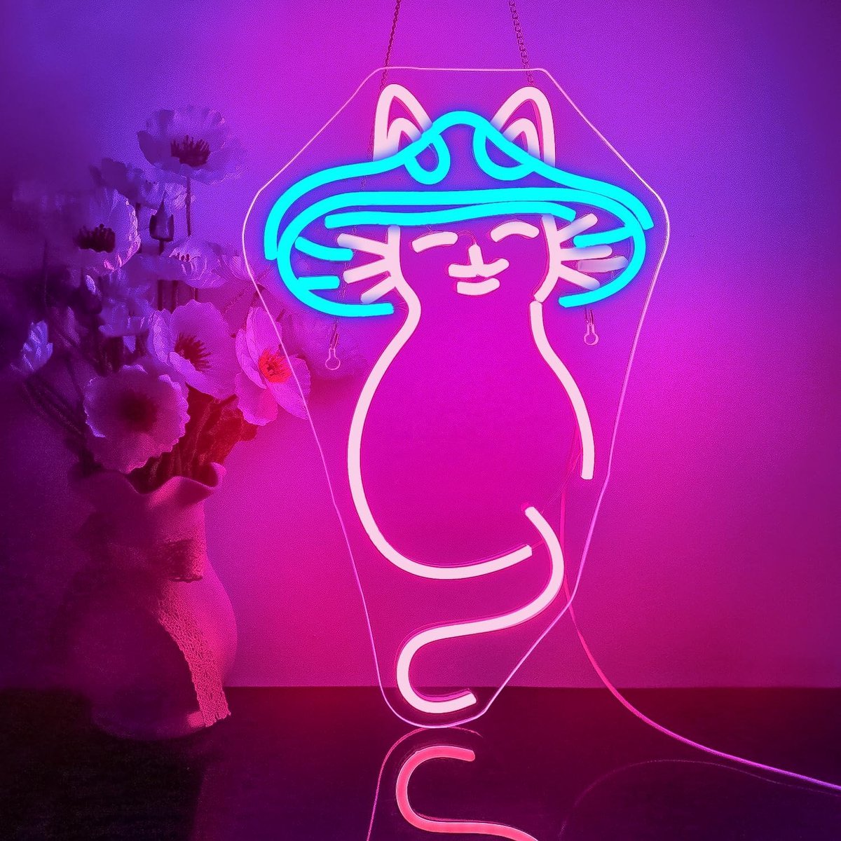Looklight Neon Sign, Mushroom Cat Neon Sign, Blue Pink LED Neon Signs, Cute Cat Neon Lights, USB Dimmable, Cat Neon - ShopVlot