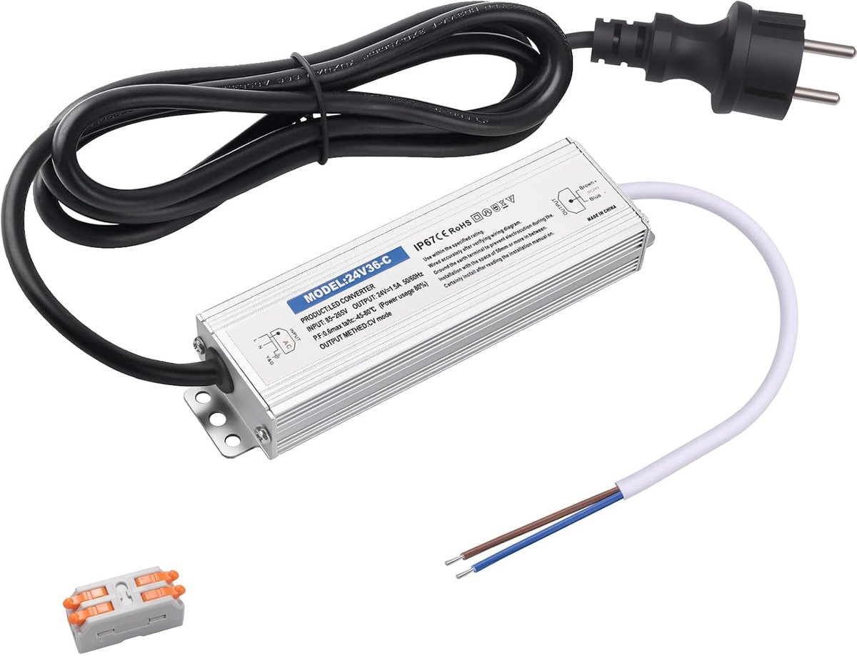 LED Transformer 24V 36W 1.5A IP67 Waterproof LED Power Supply 230V to 24V with EU plug 1.5m cable for LED strips - ShopVlot