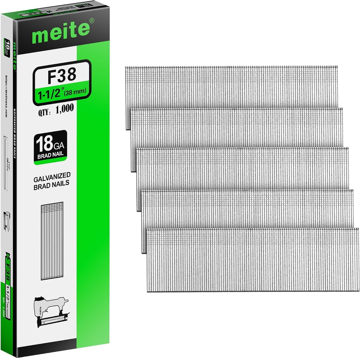 meite F38 Bradnagels 18G, 38mm Galvanized Brad Nails Type 18G for Pneumatic and Electric Brad Nail Gun (1,000 Pieces) - ShopVlot
