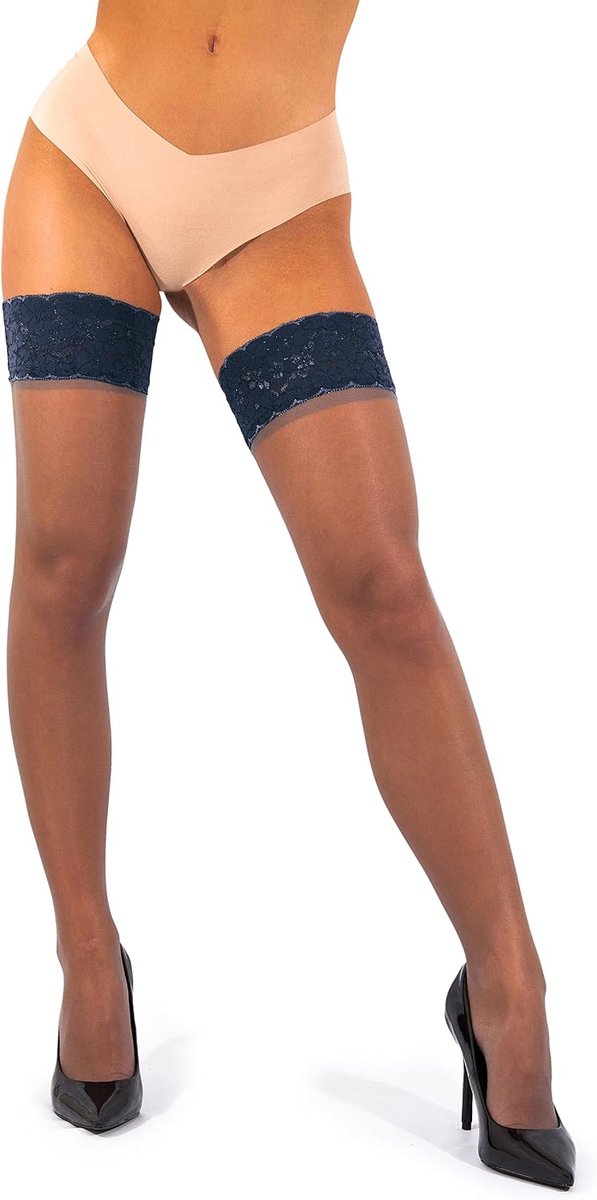 sofsy Lace Seer Thigh-High Stockings/Tights w/ Holds Silicone - 15 or 20 Denier, Blue - 15 Den - ShopVlot