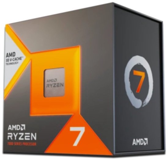 Boîte du processeur AMD Ryzen 7, couleurs orange et grise, avec inscription 7 et 3D V-CACHE.