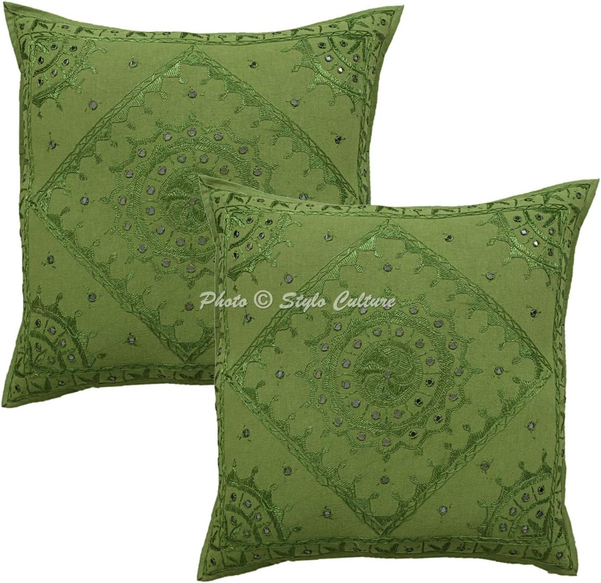 Ethnic Decorative Large Cushion Covers, 60 x 60 cm, Set of 2 Parrot Green, Embroidered Cotton Bench Throw Pillows - ShopVlot