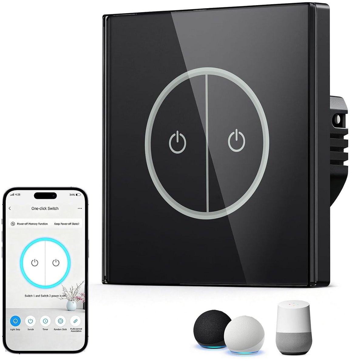 Wifi-lichtschakelaar, touch 2-voudig, 1-weg, Alexa lichtschakelaar, zwart, neutrale geleider vereist, smart schakelaar - ShopVlot
