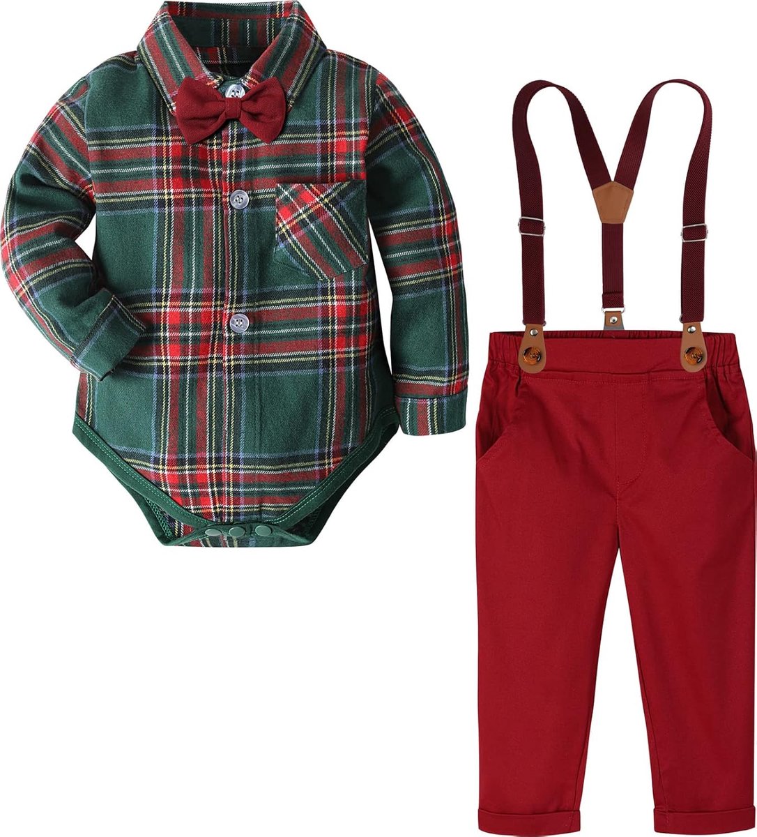 Newborn kleding voor jongens - 12-18 maanden - groen-rood - feestelijk voor doop of kerst - ShopVlot