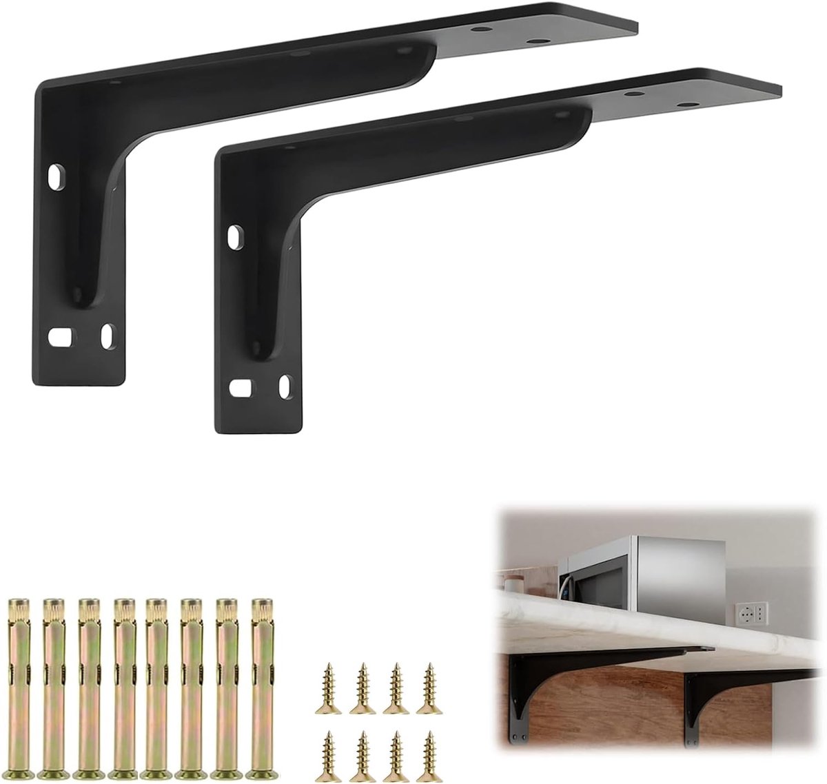 Plankhouders set van 2 - 44 cm - Zwart metaal - Stevige hoeksteunen voor zware belasting - ShopVlot