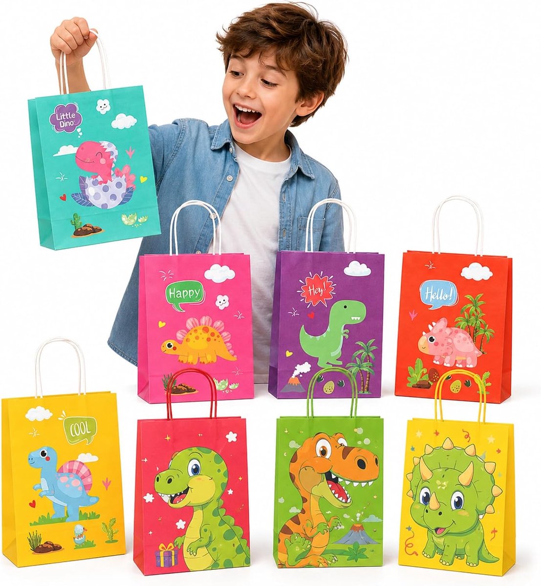 geschenkzakjes dinosaurus 15 x 8 x 21 cm - papieren feestzakjes - 8 verschillende motieven - voor cadeautjes - ShopVlot