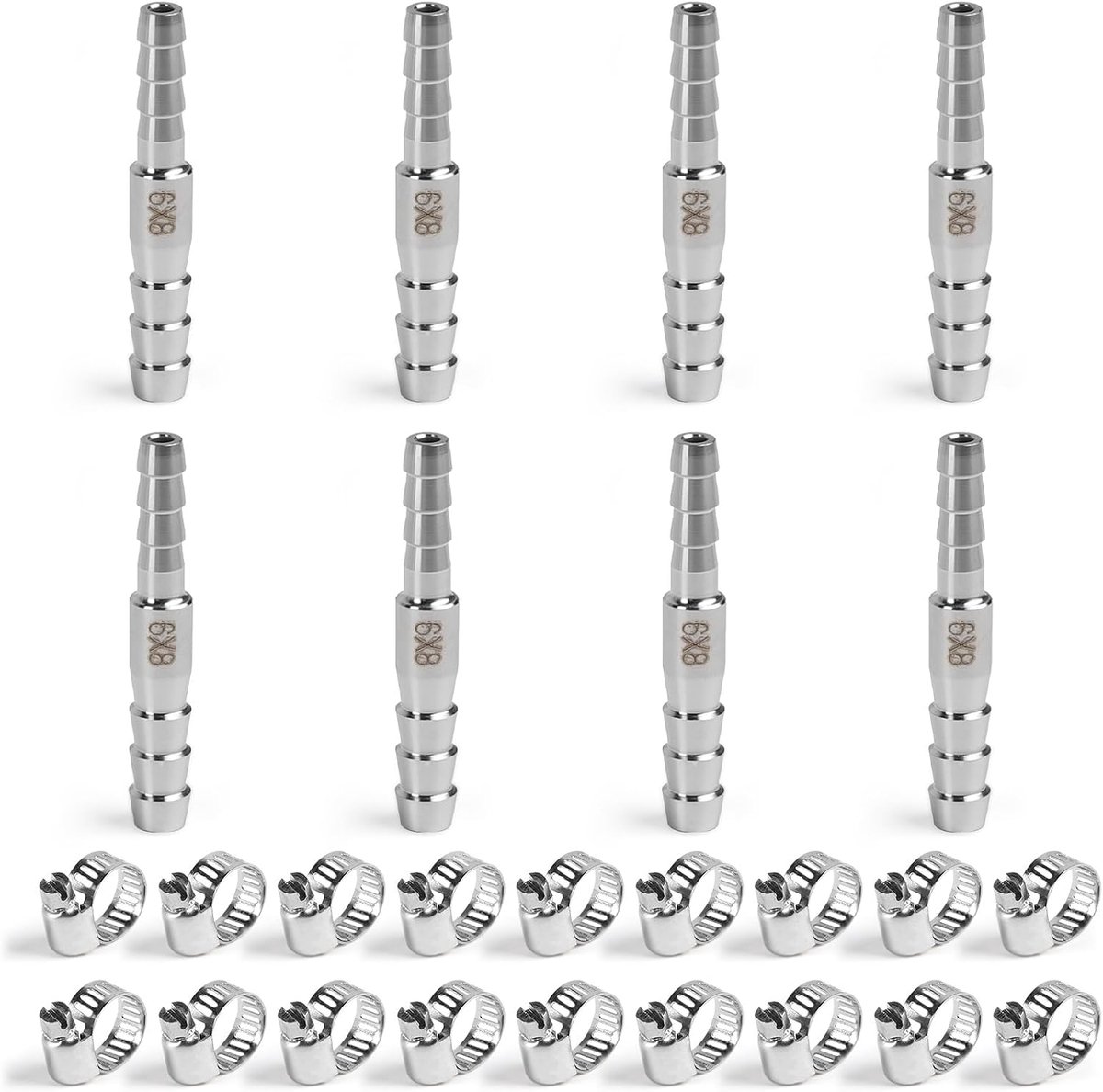 Hose adapter 8mm-6mm - roestvrij staal - met 18 slangenklemmen - betrouwbare afsluiting voor vloeistoffen - ShopVlot