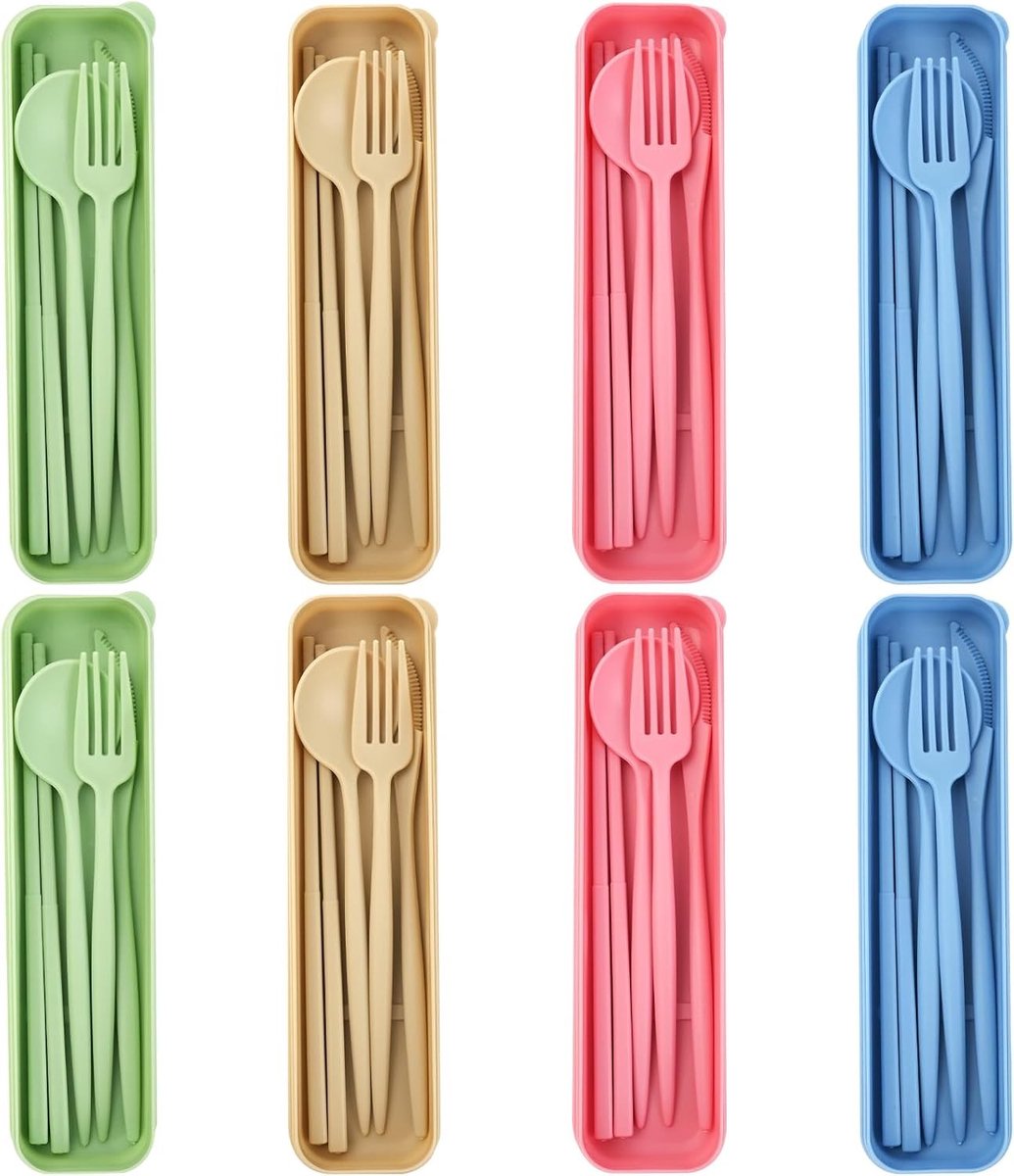 Reisbestekset met Etui - Lichtgroen - 21,5 x 5,5 x 3 cm - Herbruikbaar Kunststof Bestek voor Picknick en Kantoor