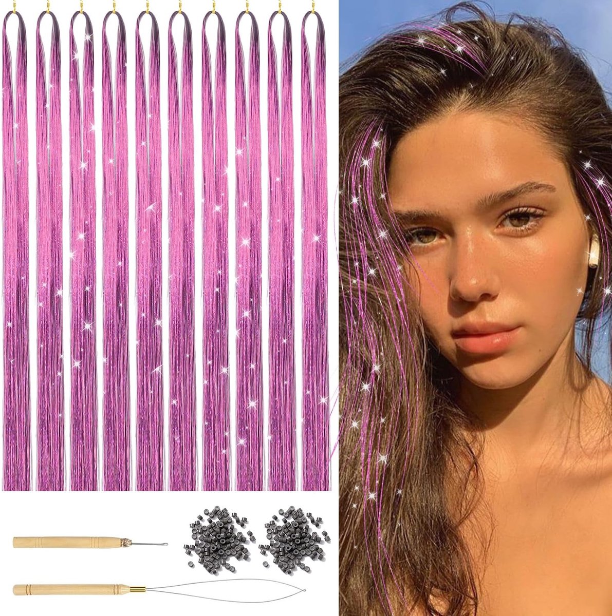 Haar Tinsel Set - 1800 Strengen - Roze - Glitter Haaraccessoires voor Feestjes - ShopVlot